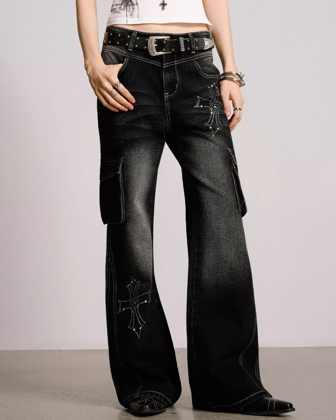 Cross Print Vintage Cargo Flare Jeans