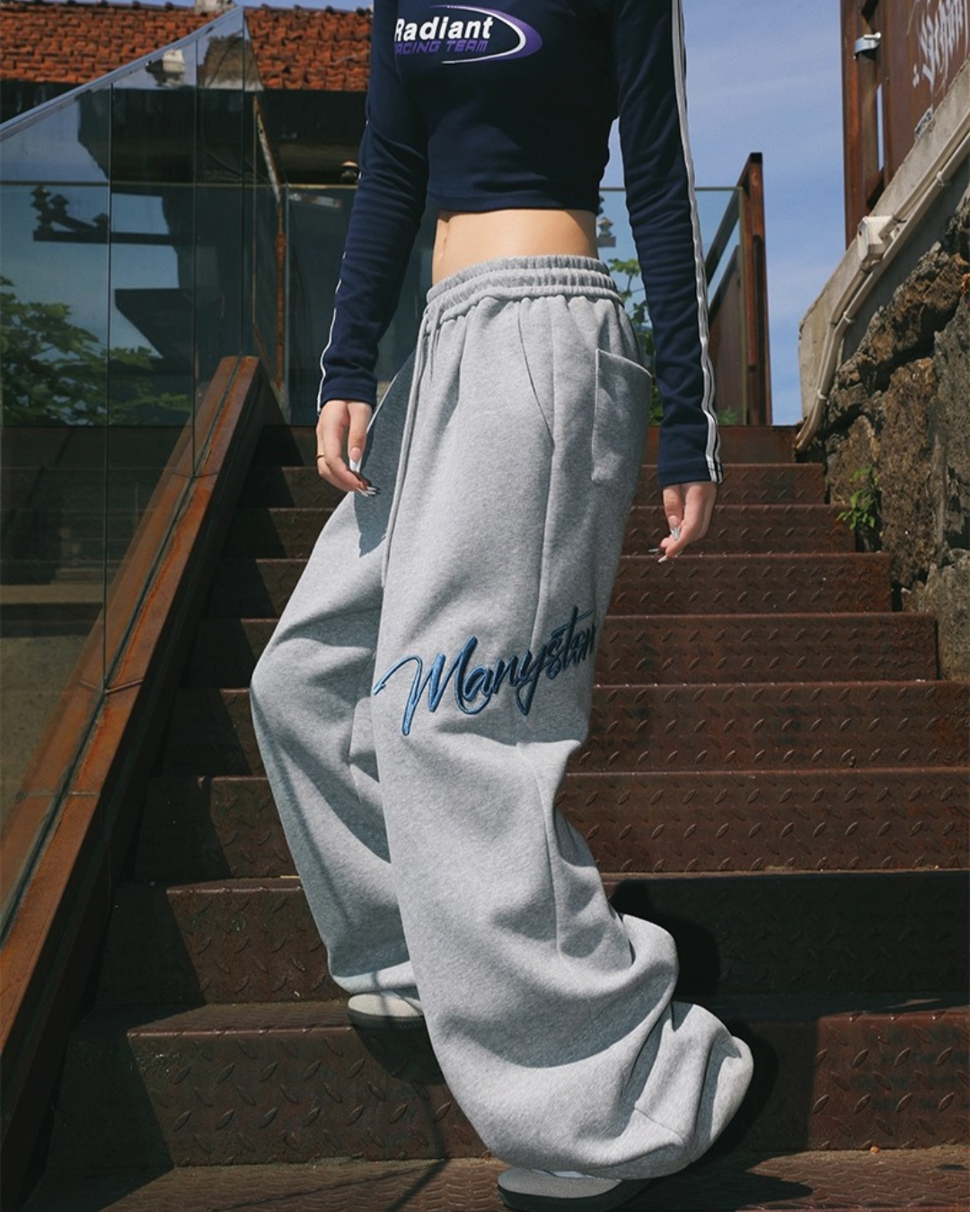 Script Embroidered Wide Pants