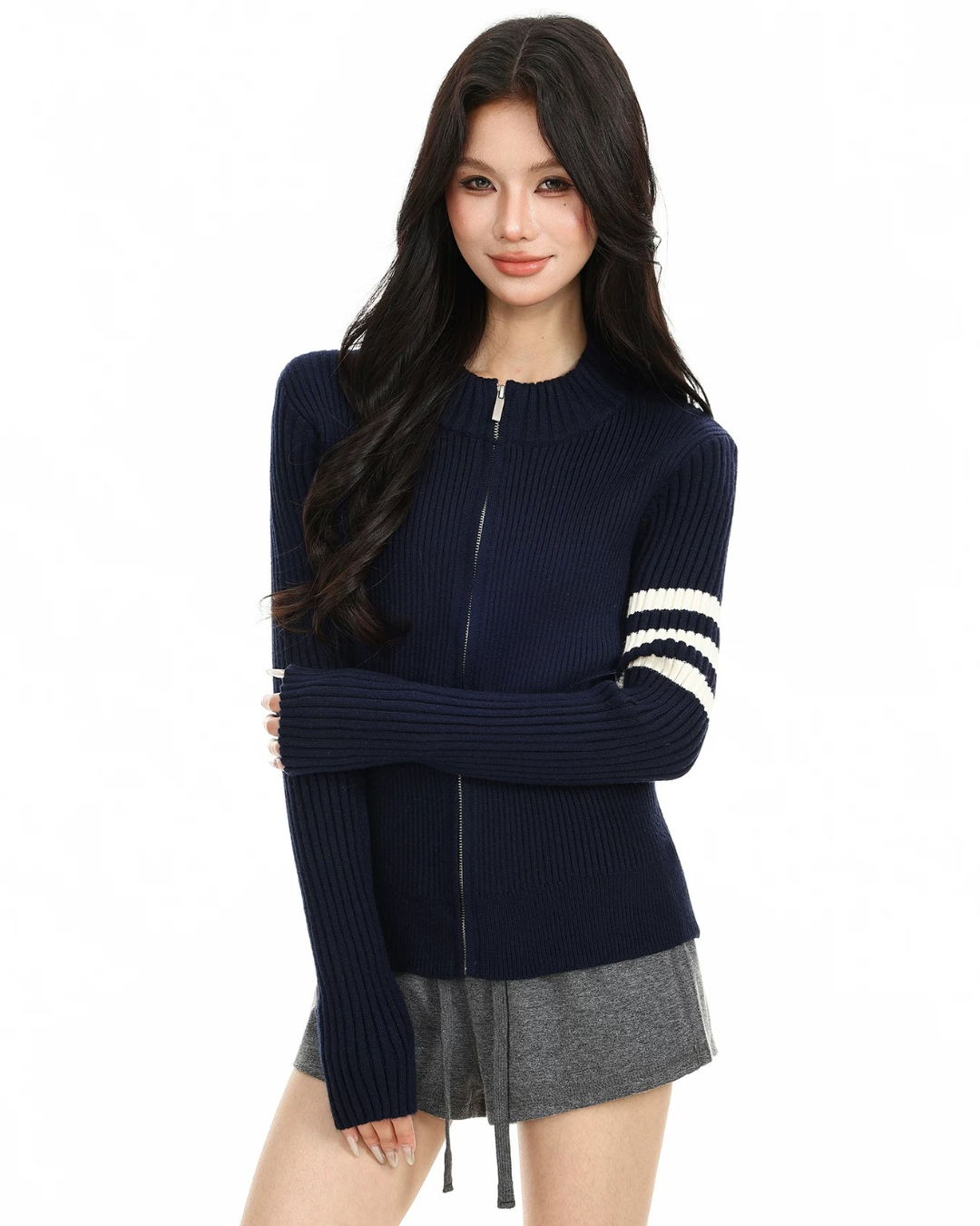Ribbed Varsity Zip-up Knit
