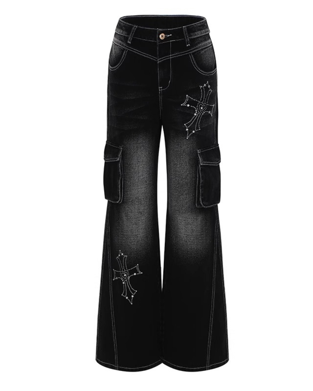 Cross Print Vintage Cargo Flare Jeans