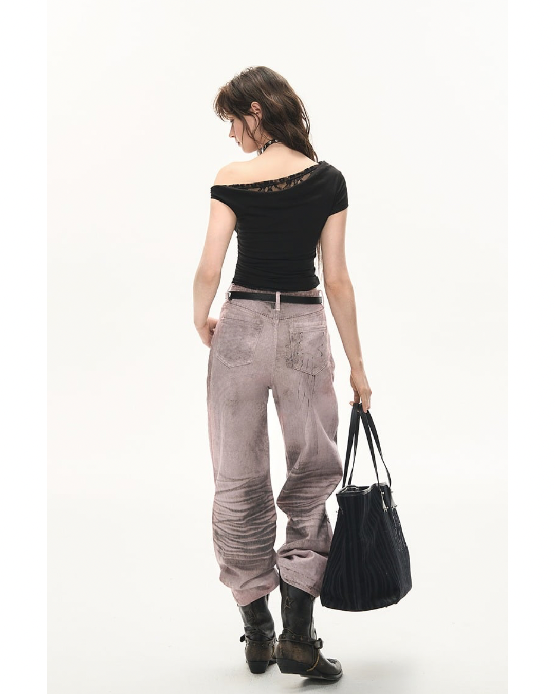 Lace-Up Printed Wide Jeans