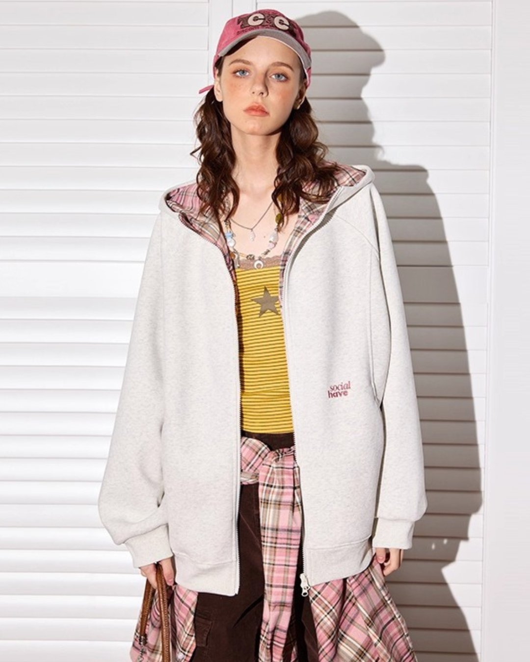 Contrast Plaid Hood Zip-Up Sweatshirt