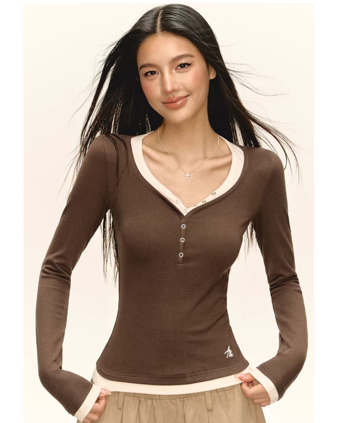 Layered Henley Neck Slim Top