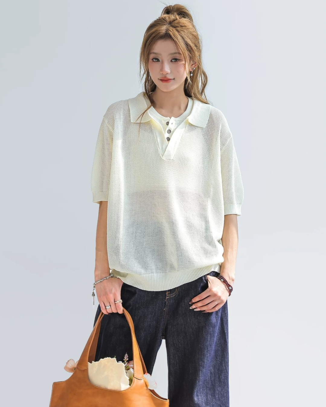 Sheer Mesh Open Collar Knit Top