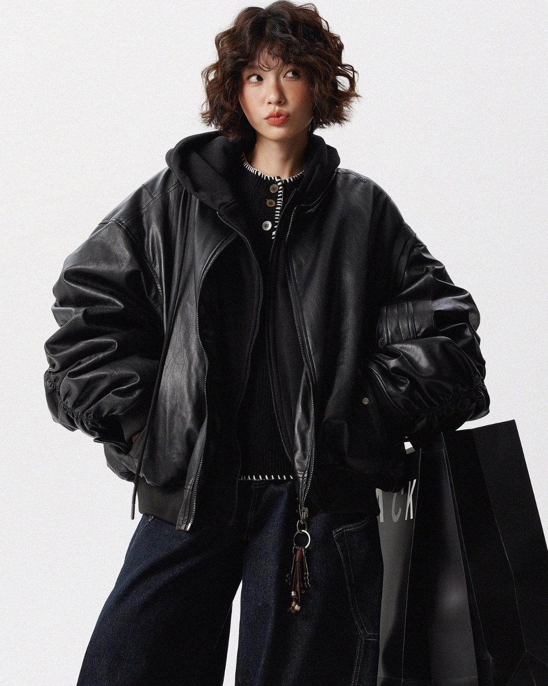 Volume Leather Hooded Jacket
