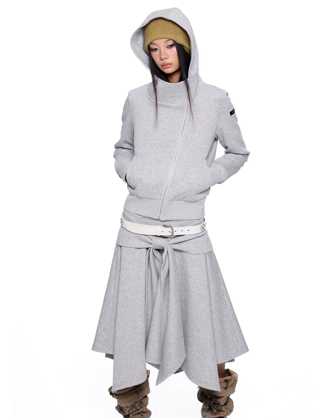 Asymmetric Zip Fleece Hoodie & Tied Drape Skirt