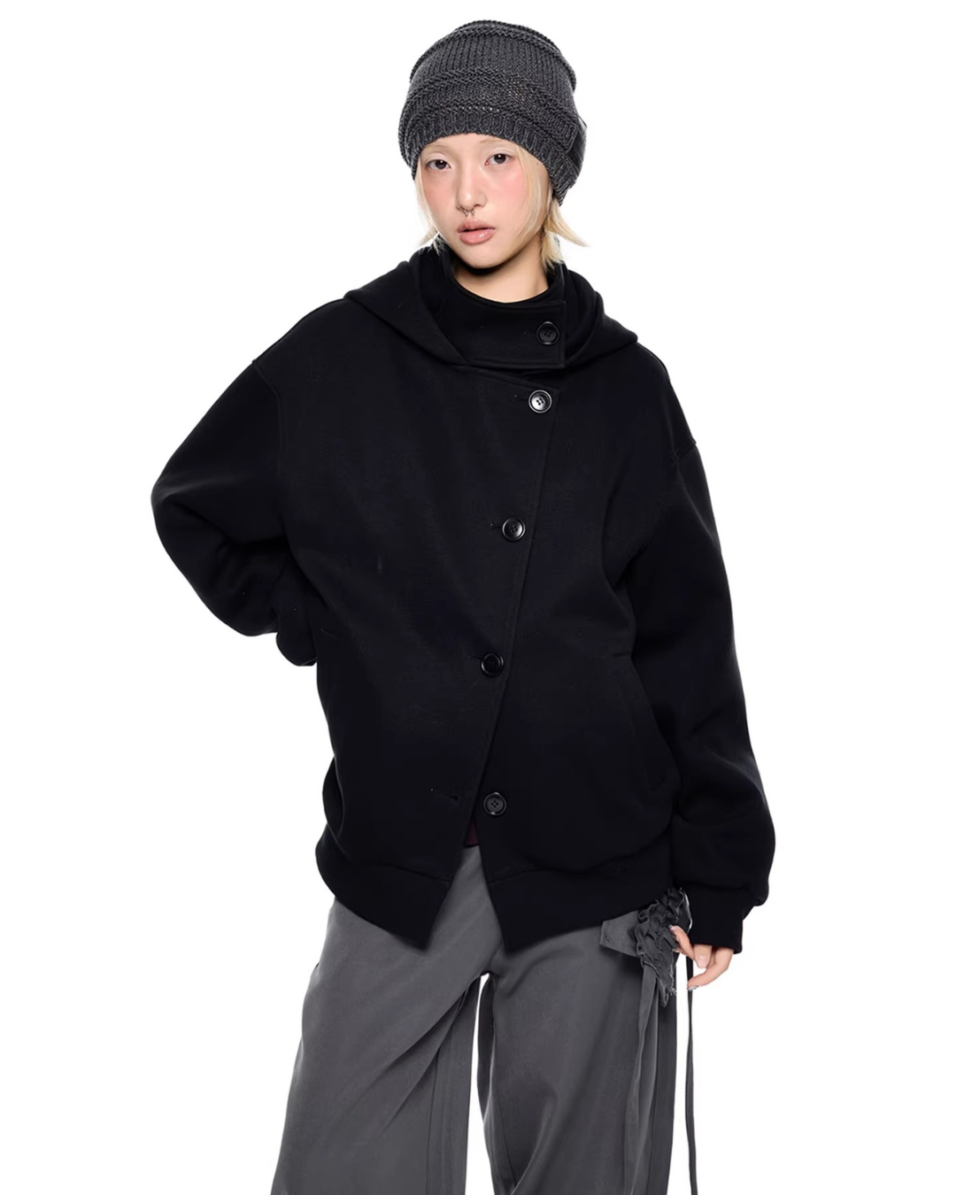 Asymmetric Button Hoodie Jacket