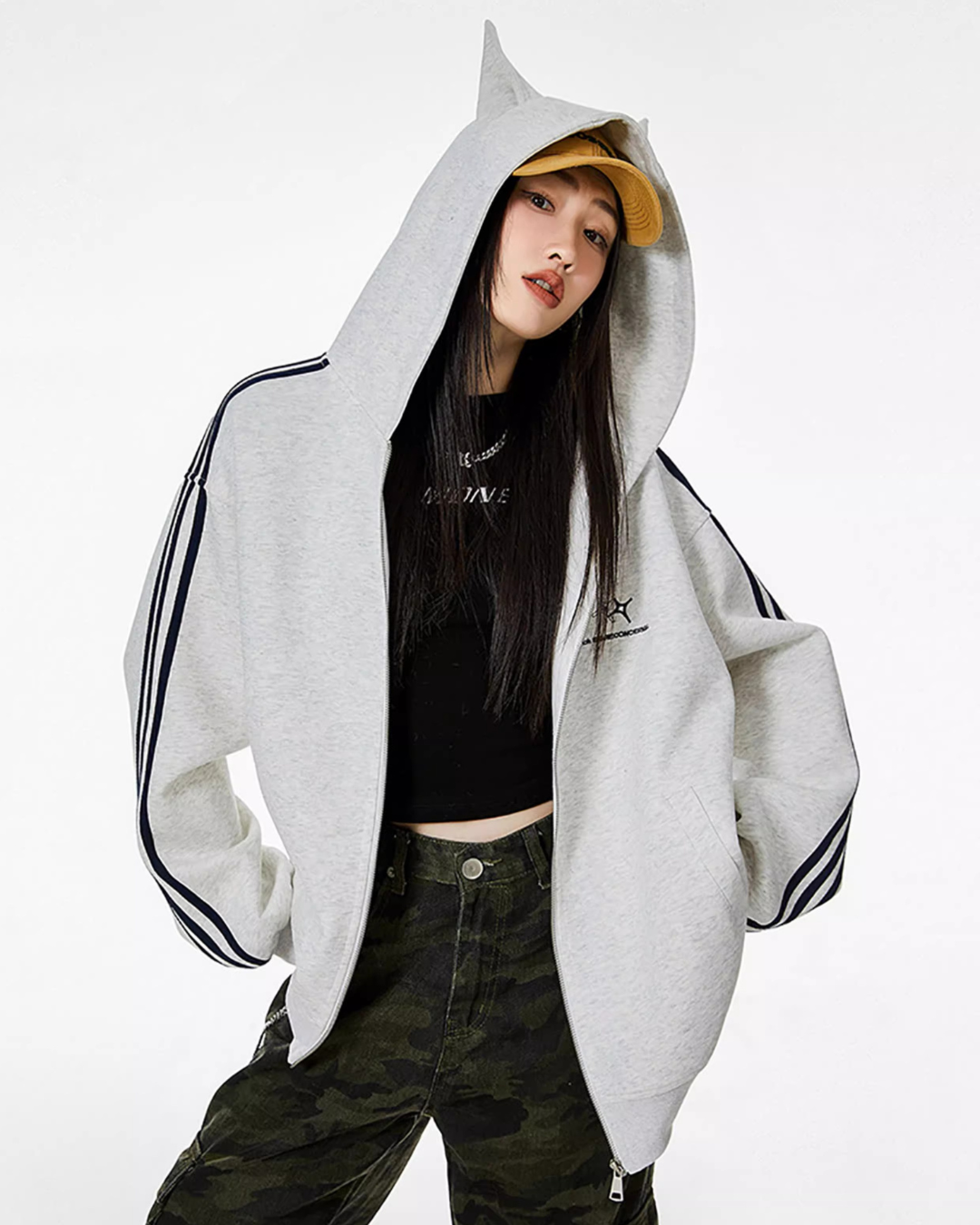 Cat Ear Line Track Zip Hoodie