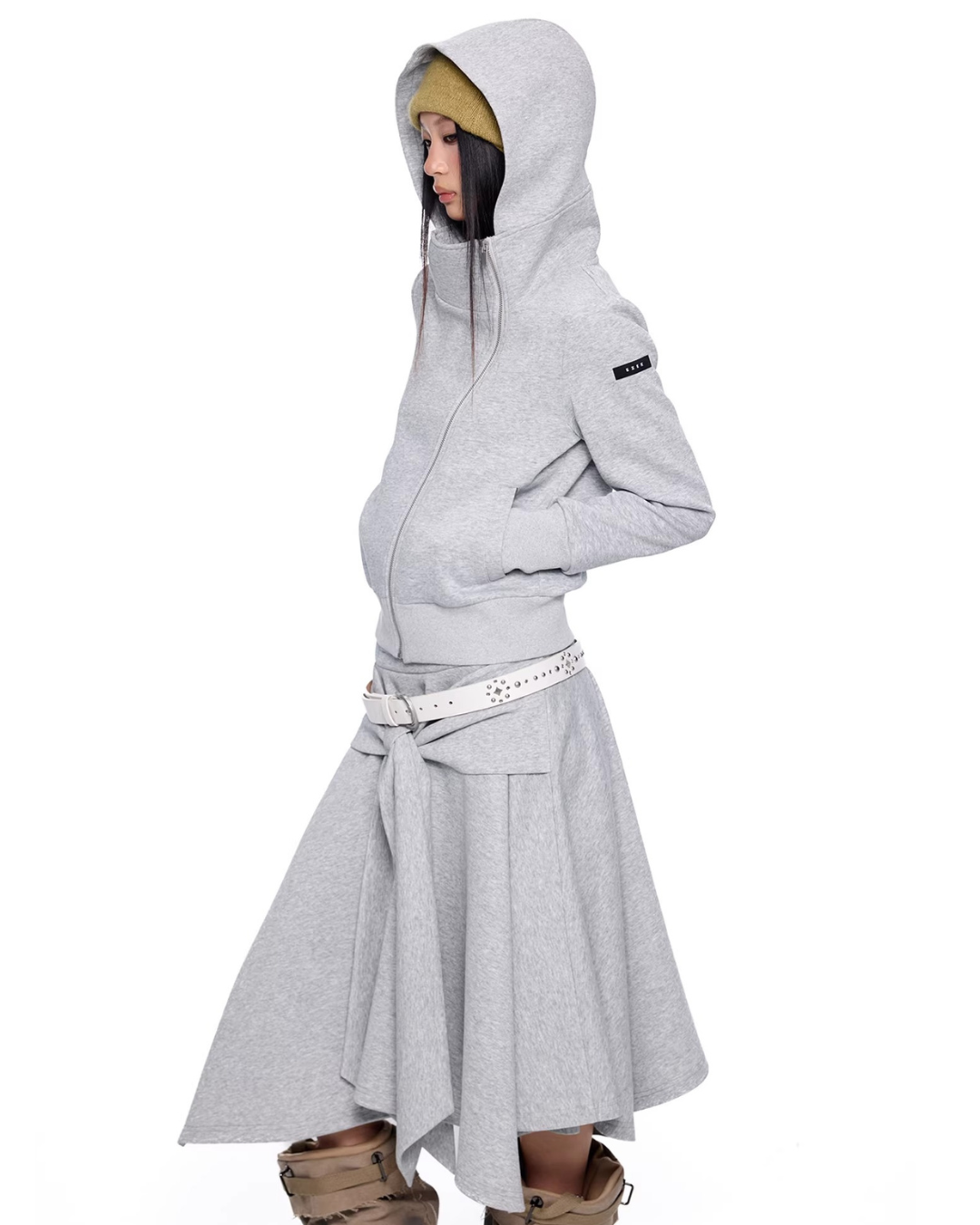 Asymmetric Zip Fleece Hoodie & Tied Drape Skirt