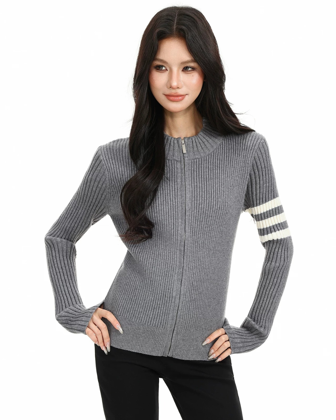 Ribbed Varsity Zip-up Knit