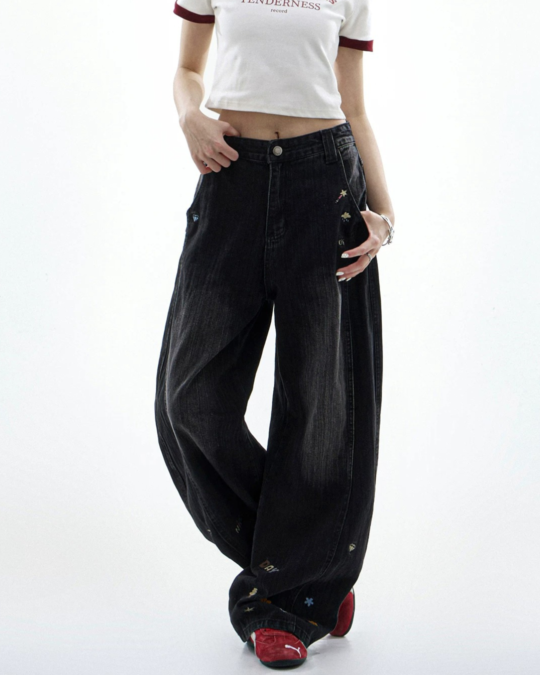 Cartoon Sticker Washed Baggy Jeans