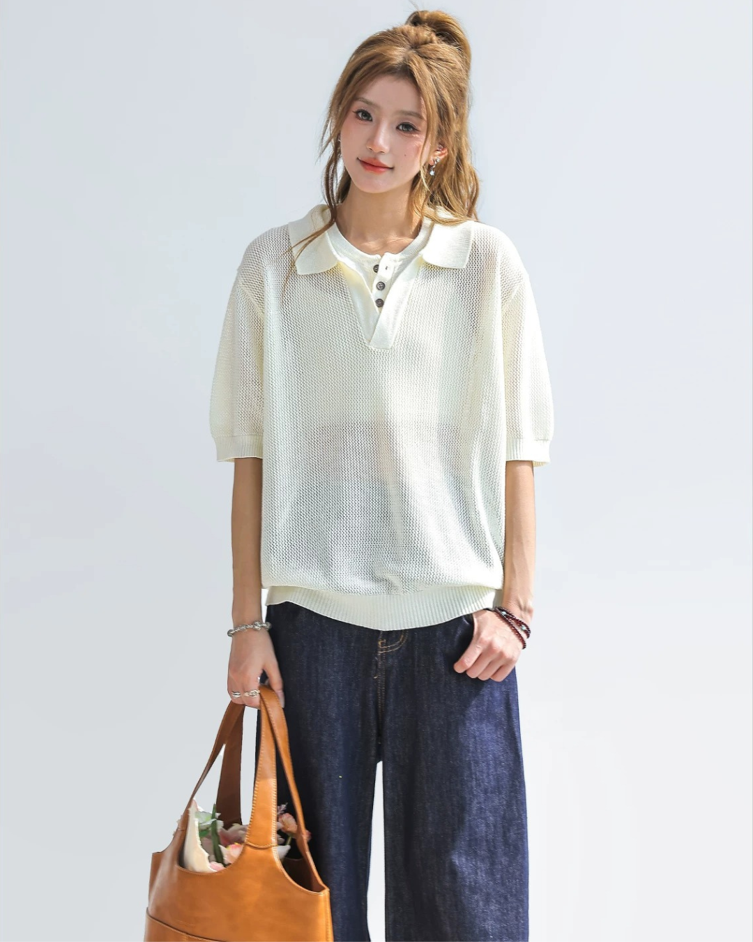 Sheer Mesh Open Collar Knit Top