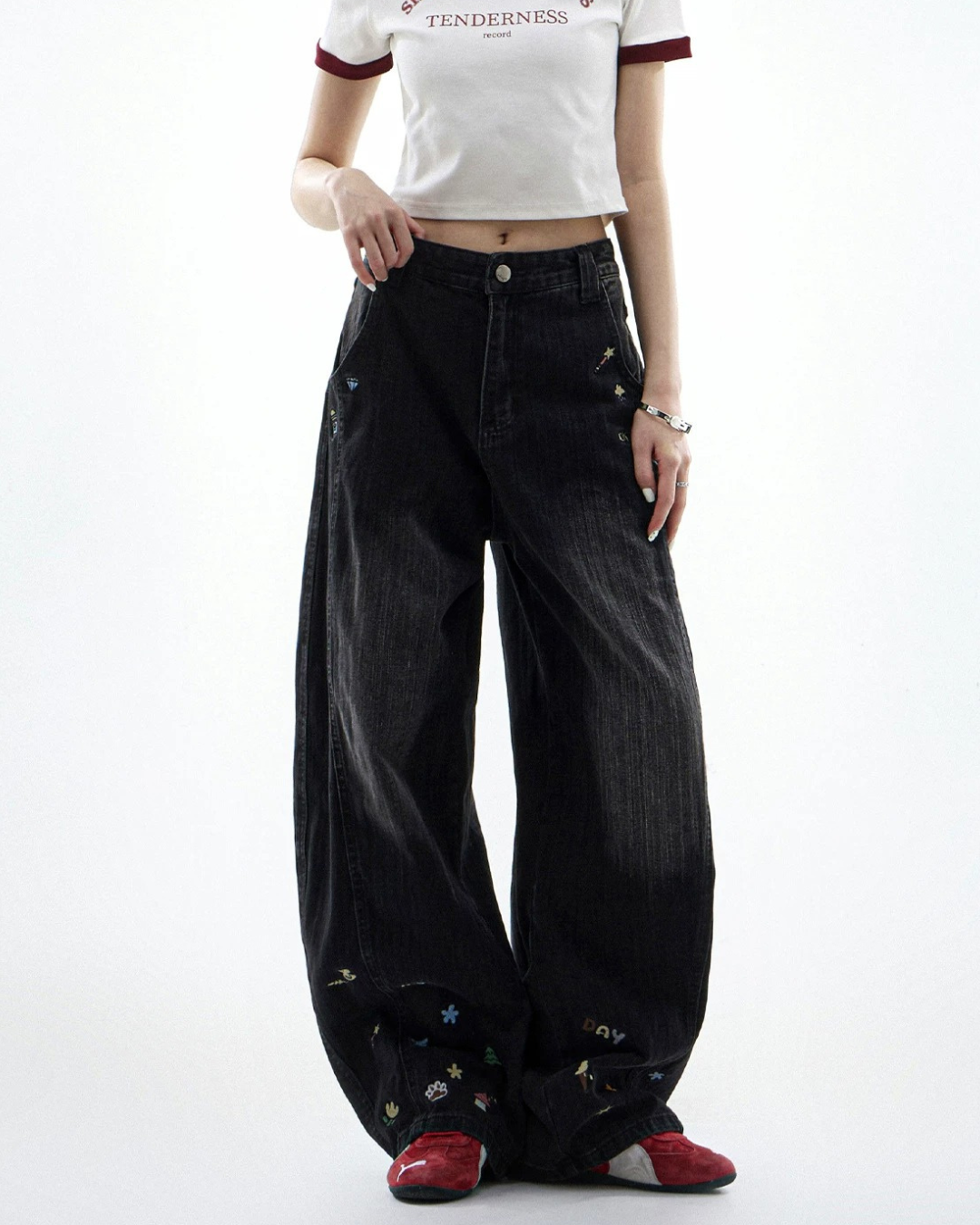Cartoon Sticker Washed Baggy Jeans