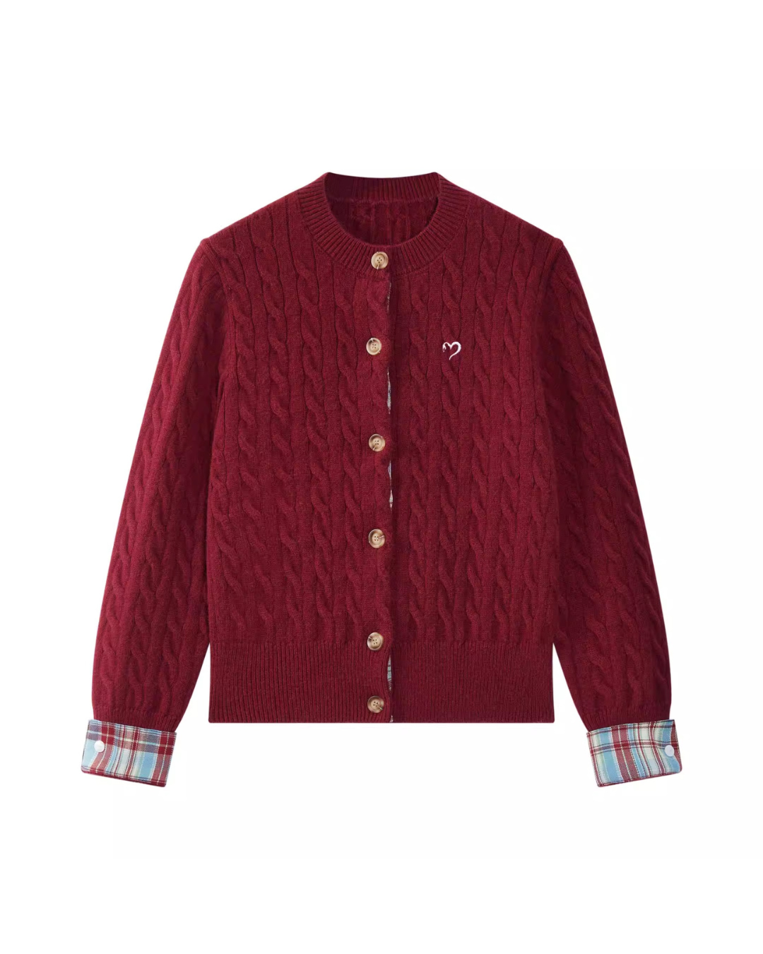 Cable Knit Layered Plaid Cardigan