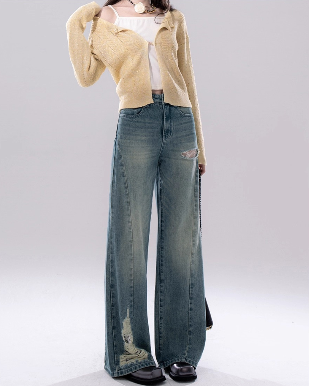 Damaged & Lace Patch Wide Denim