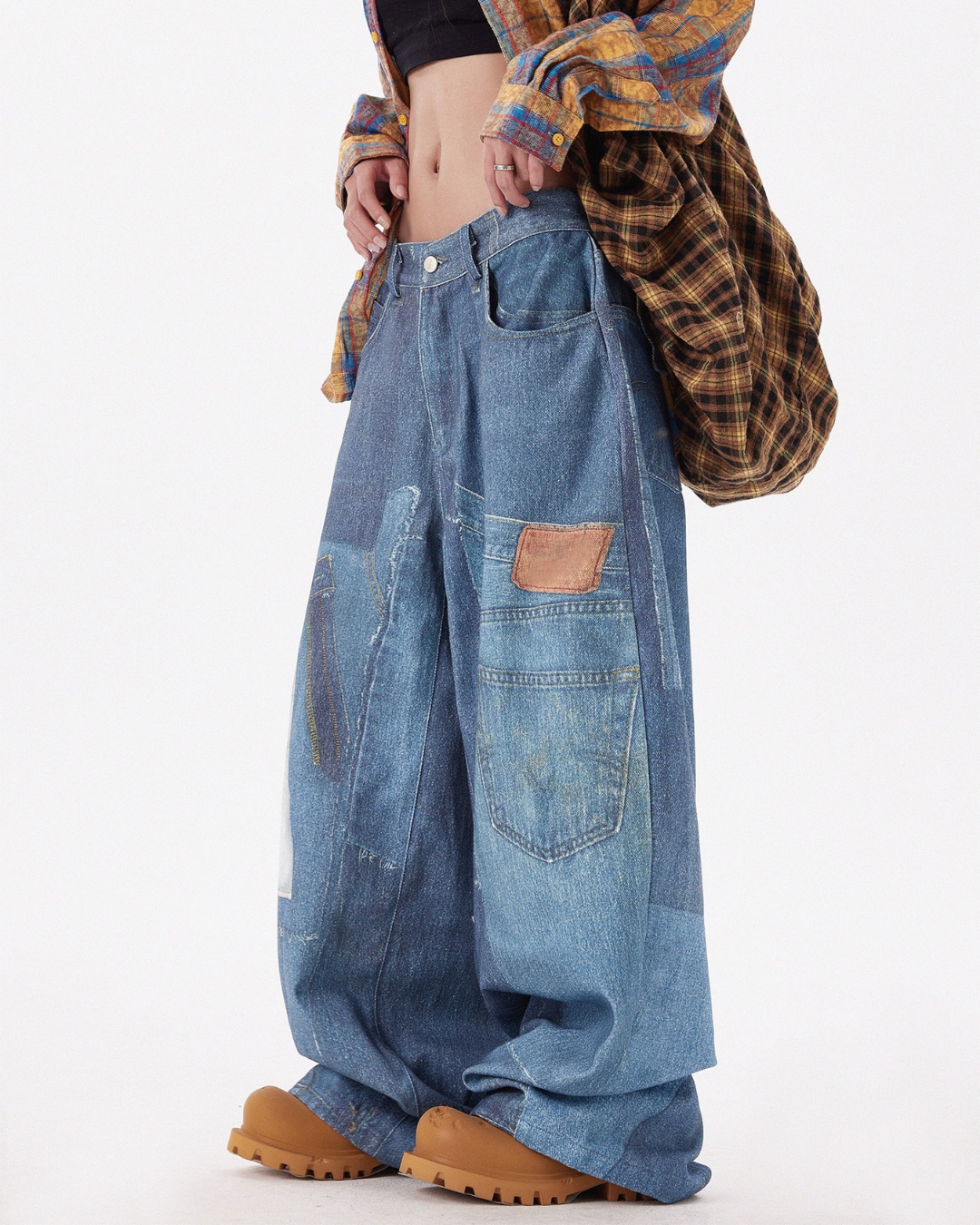 Patchwork Print Wide Denim