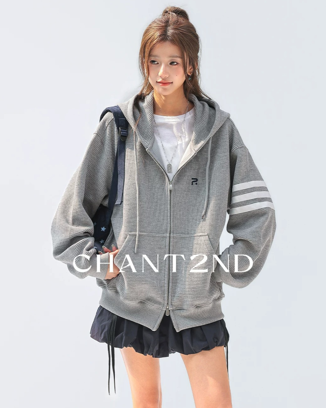 Waffle Stripe Zip-Up Hoodie