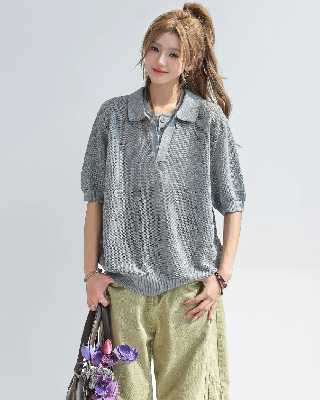 Sheer Mesh Open Collar Knit Top