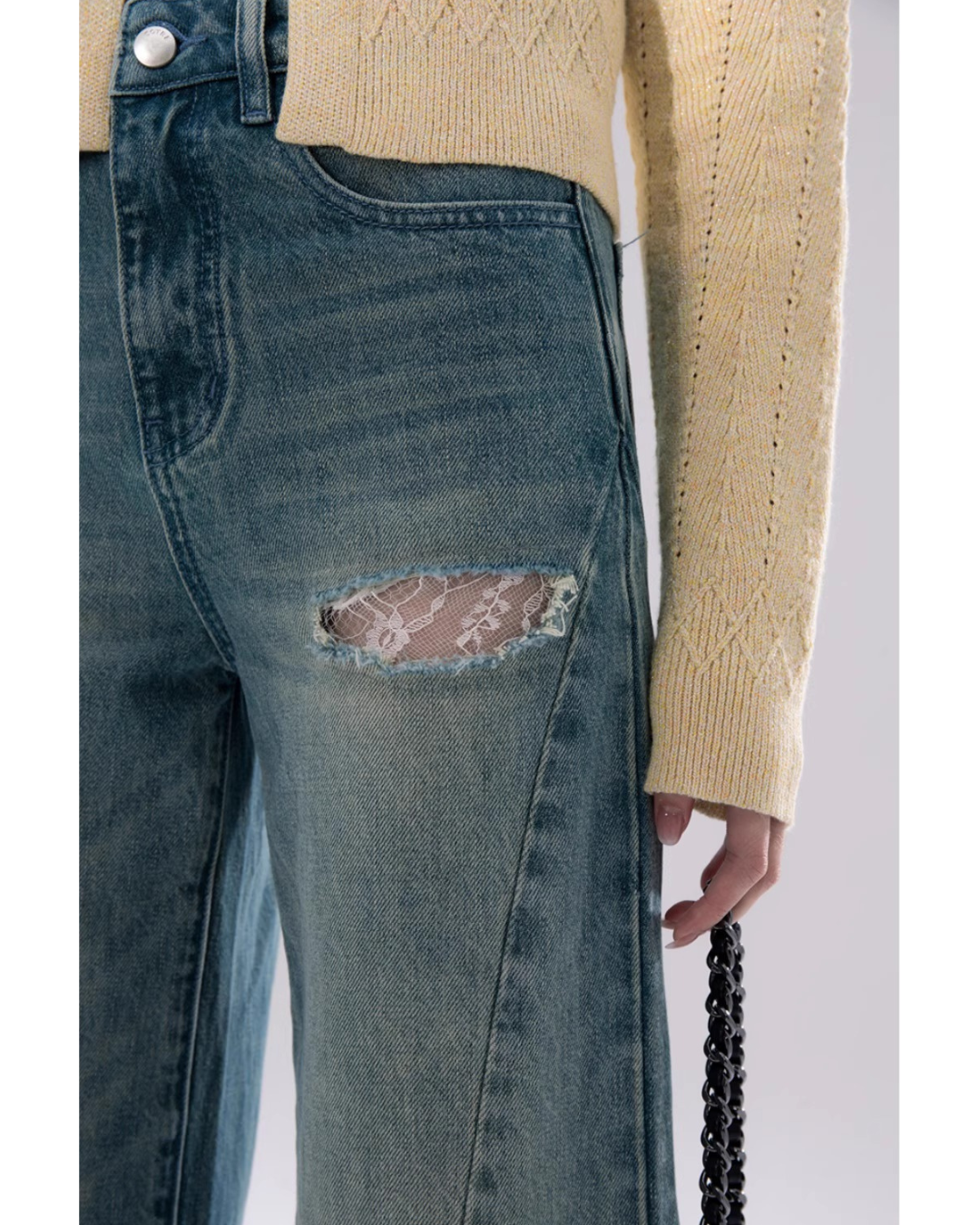 Damaged & Lace Patch Wide Denim