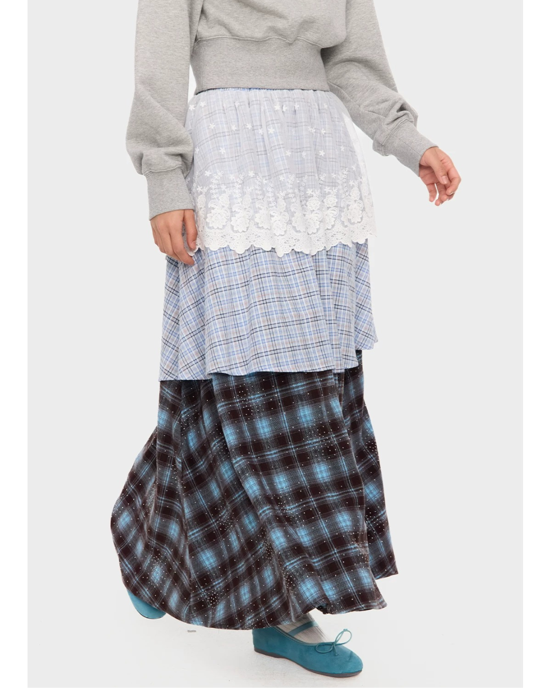 Floral Lace Panel Mixed Plaid Long Skirt