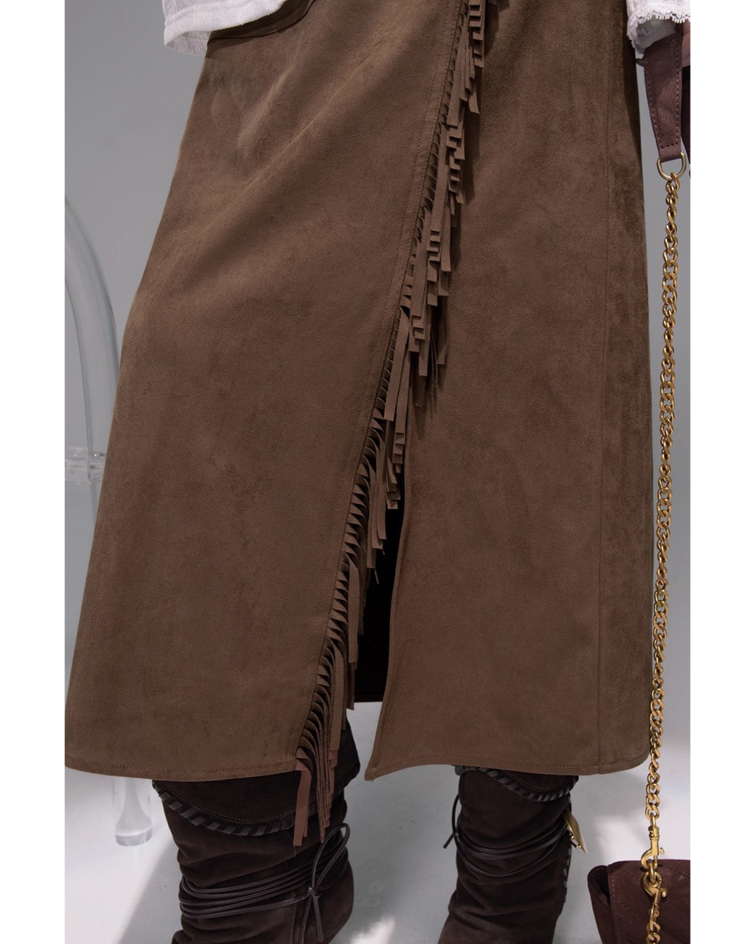 Suede Fringe Wrap Skirt