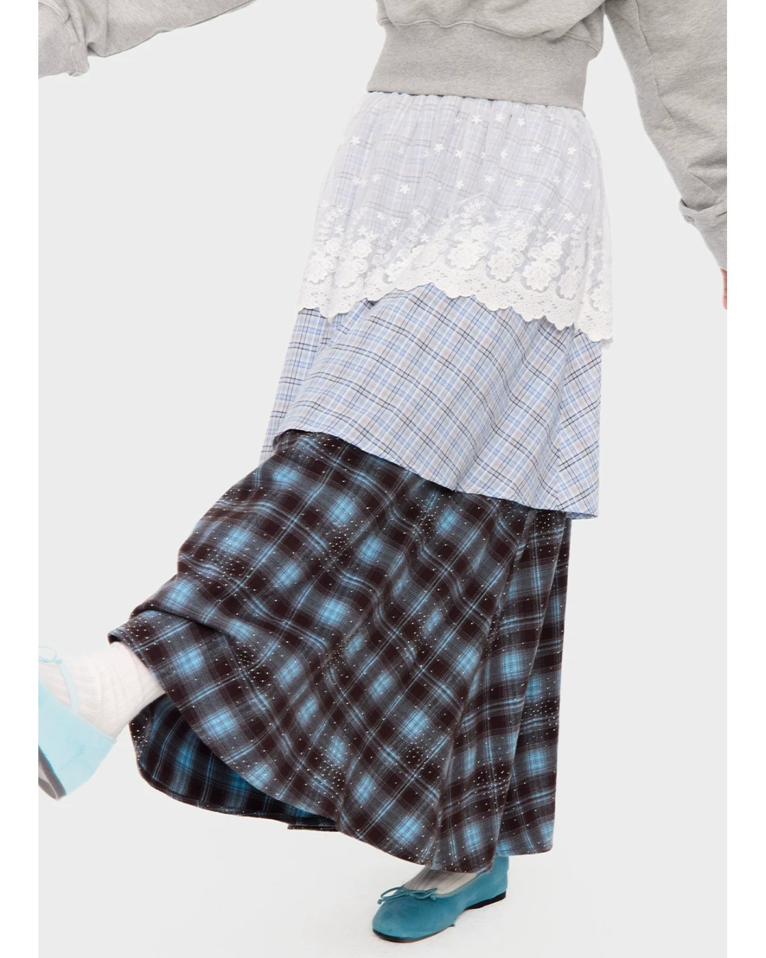 Floral Lace Panel Mixed Plaid Long Skirt