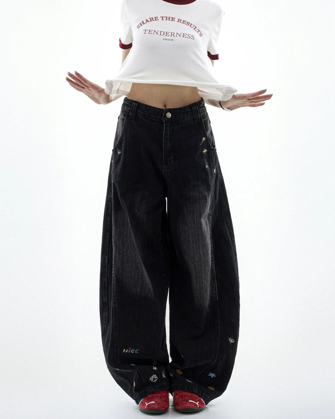Cartoon Sticker Washed Baggy Jeans