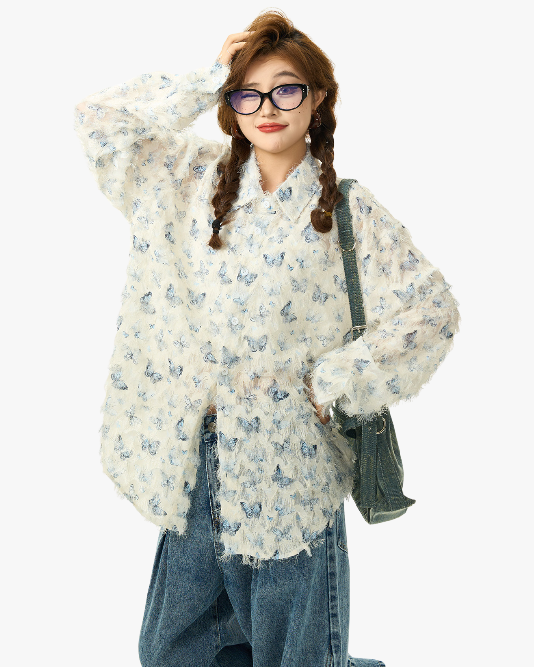 Butterfly Pattern Fringed Tulle Shirt
