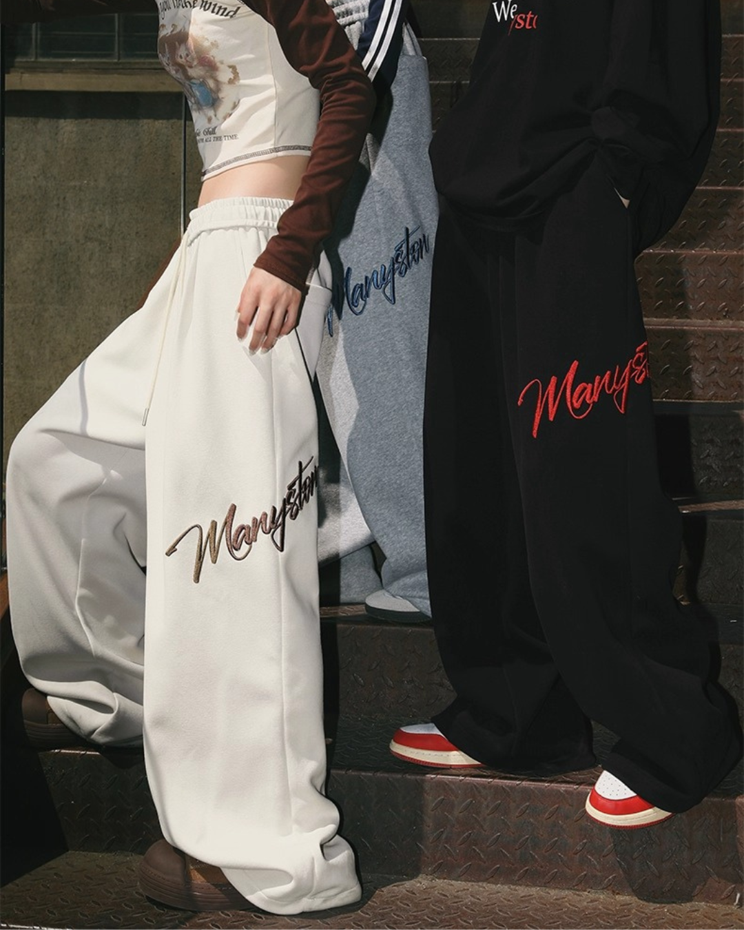 Script Embroidered Wide Pants