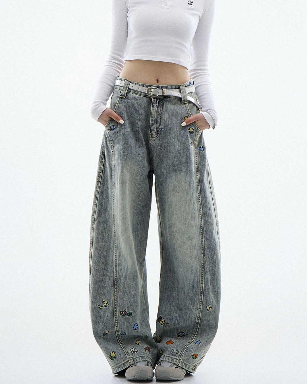 Cartoon Sticker Washed Baggy Jeans