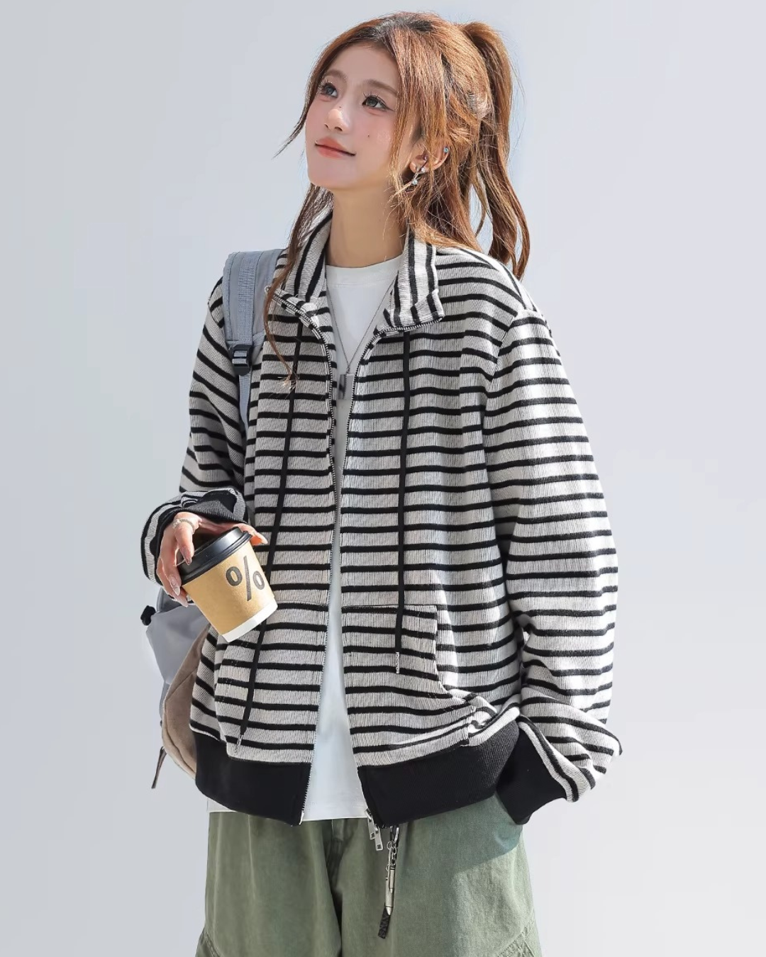 Mono Stripe Zip-Up Hoodie
