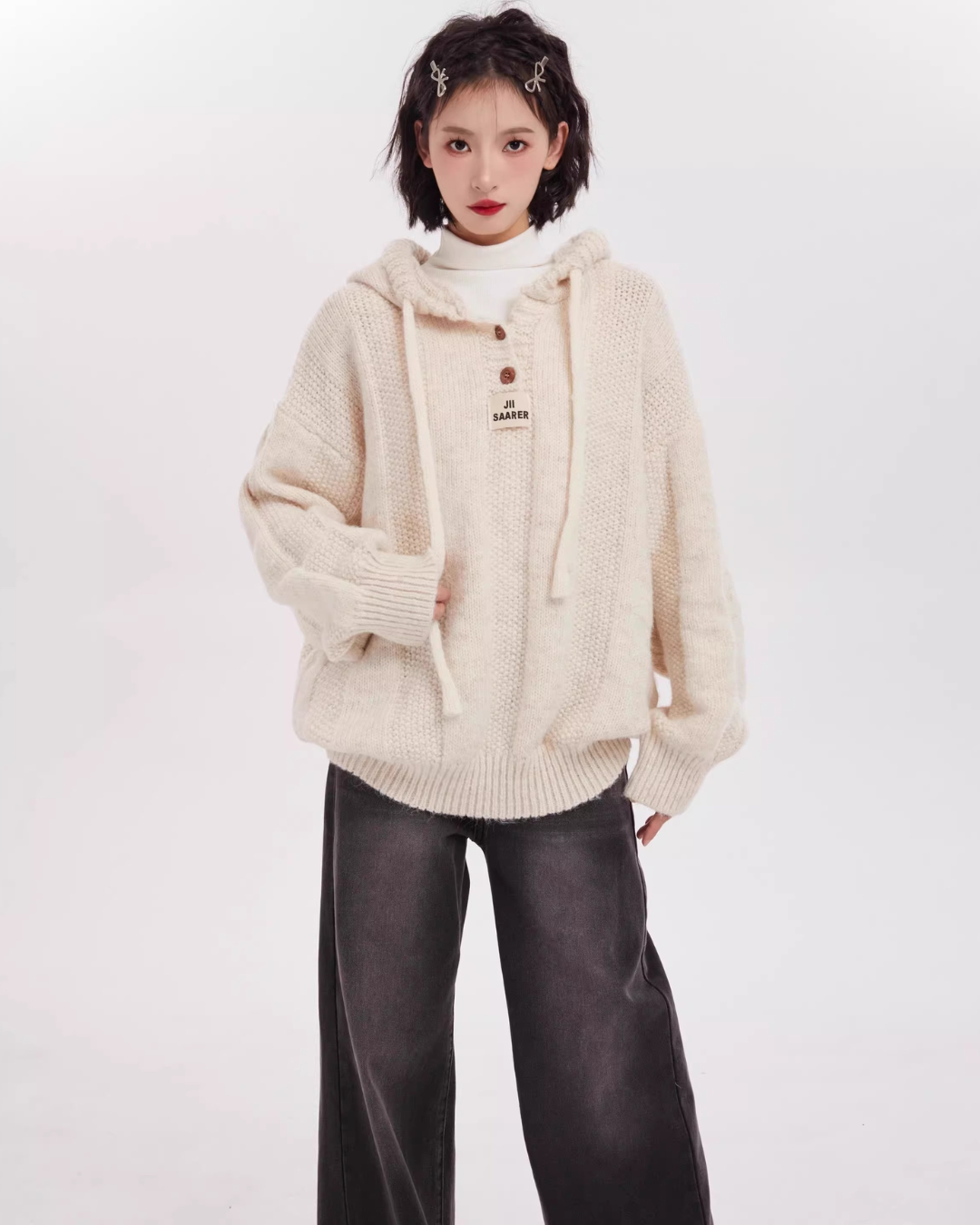 Slouchy Knit Henley Hoodie