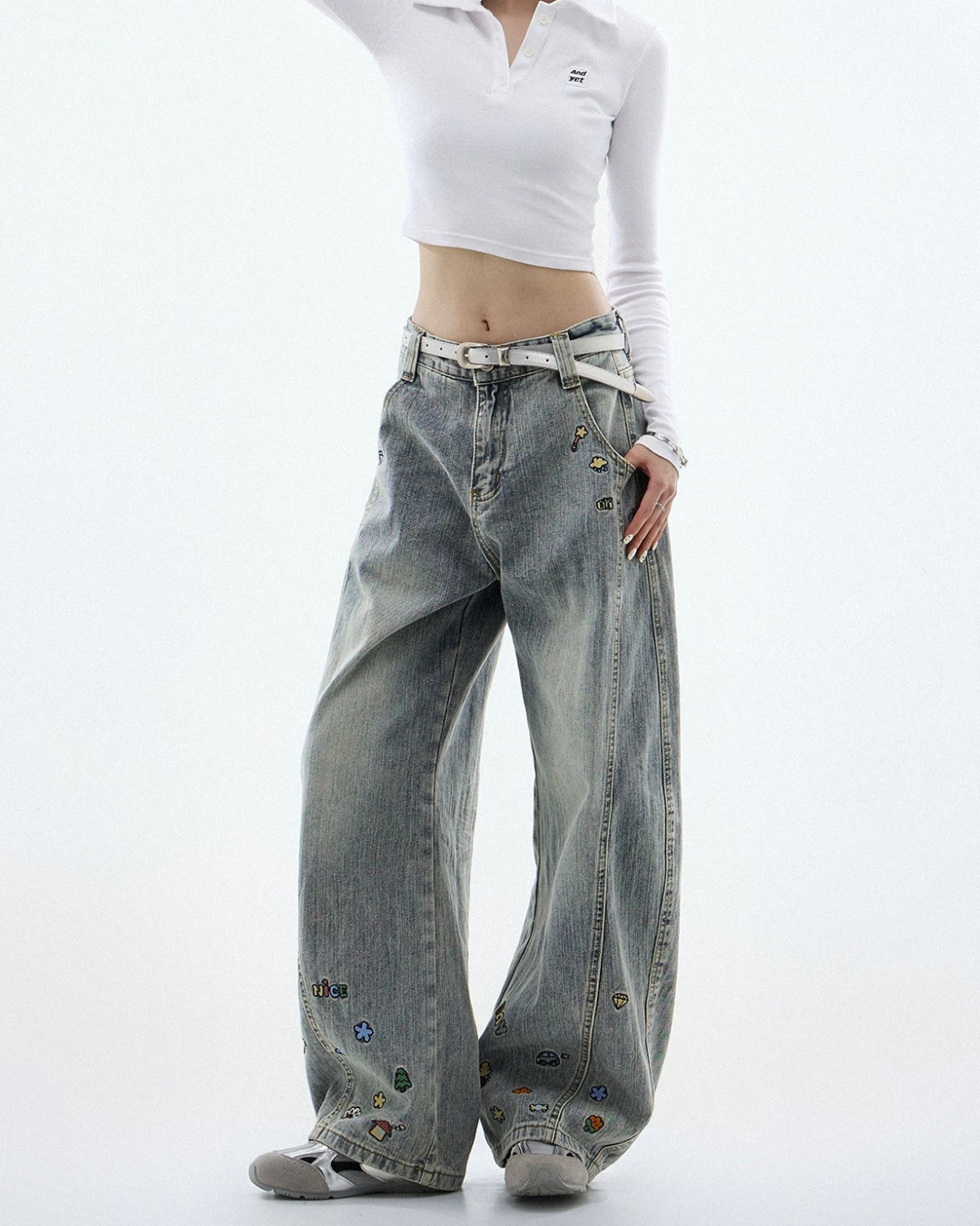 Cartoon Sticker Washed Baggy Jeans