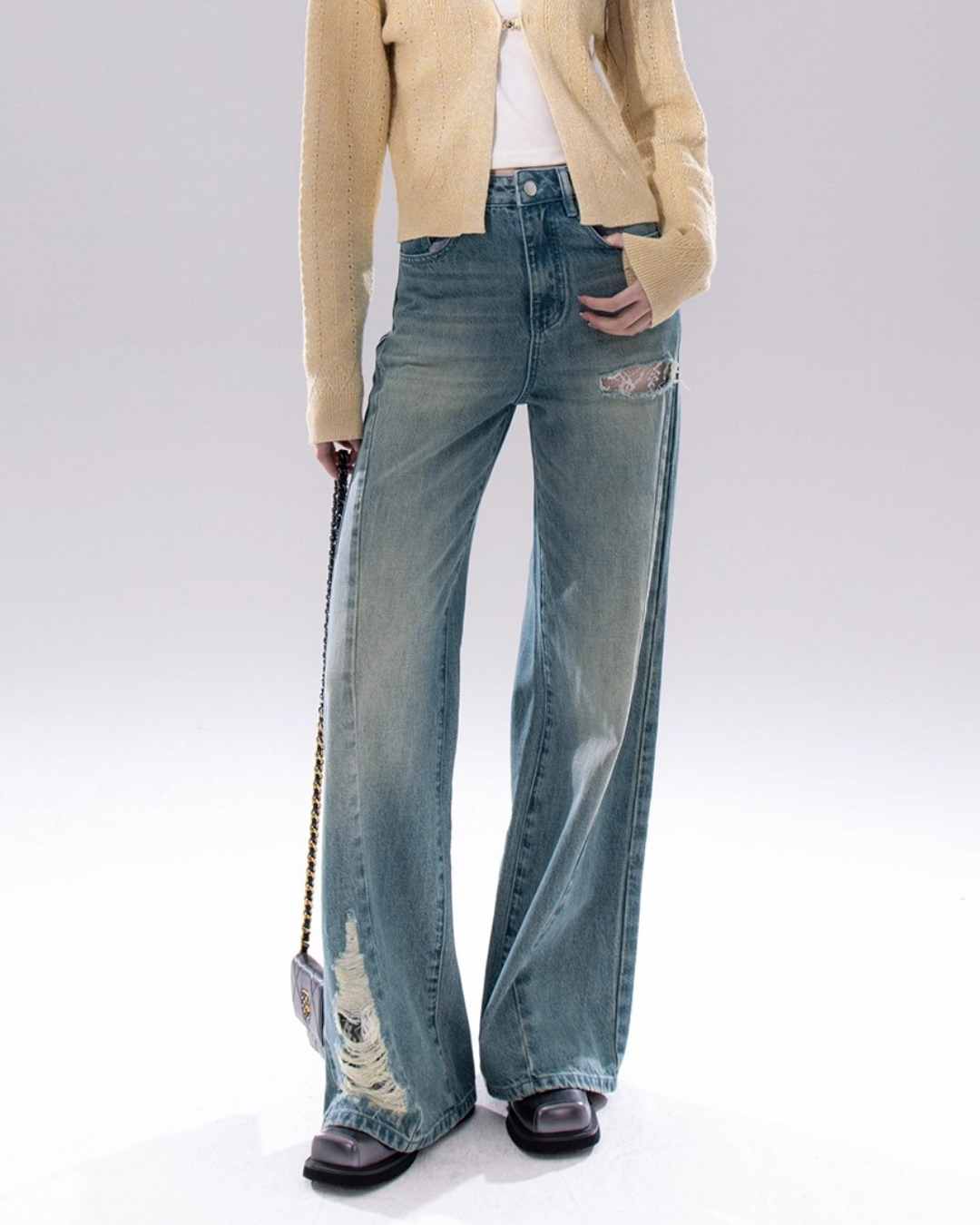 Damaged & Lace Patch Wide Denim