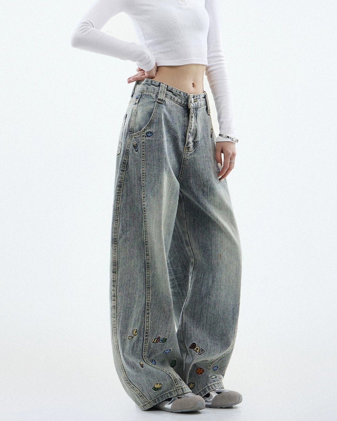 Cartoon Sticker Washed Baggy Jeans