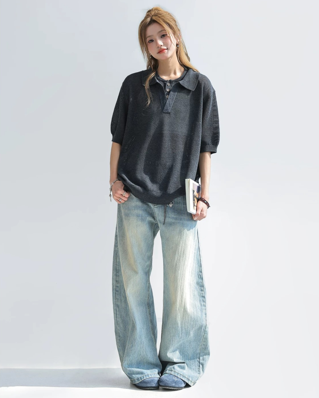 Sheer Mesh Open Collar Knit Top