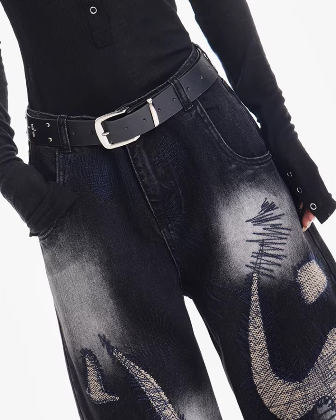 Damage Stitch Art Baggy Jeans