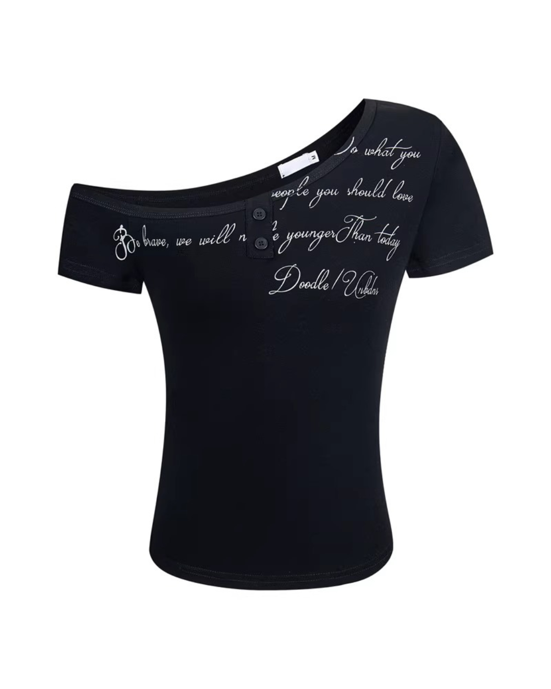 Script Letter Asymmetric Shoulder Tee