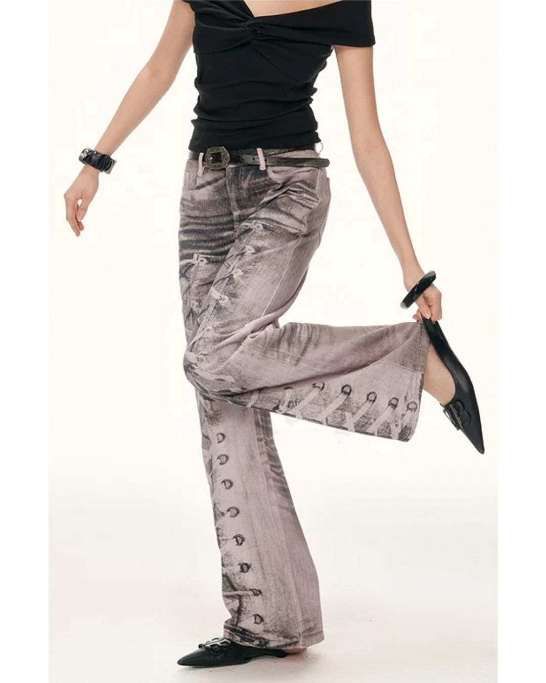 Lace-Up Printed Wide Jeans