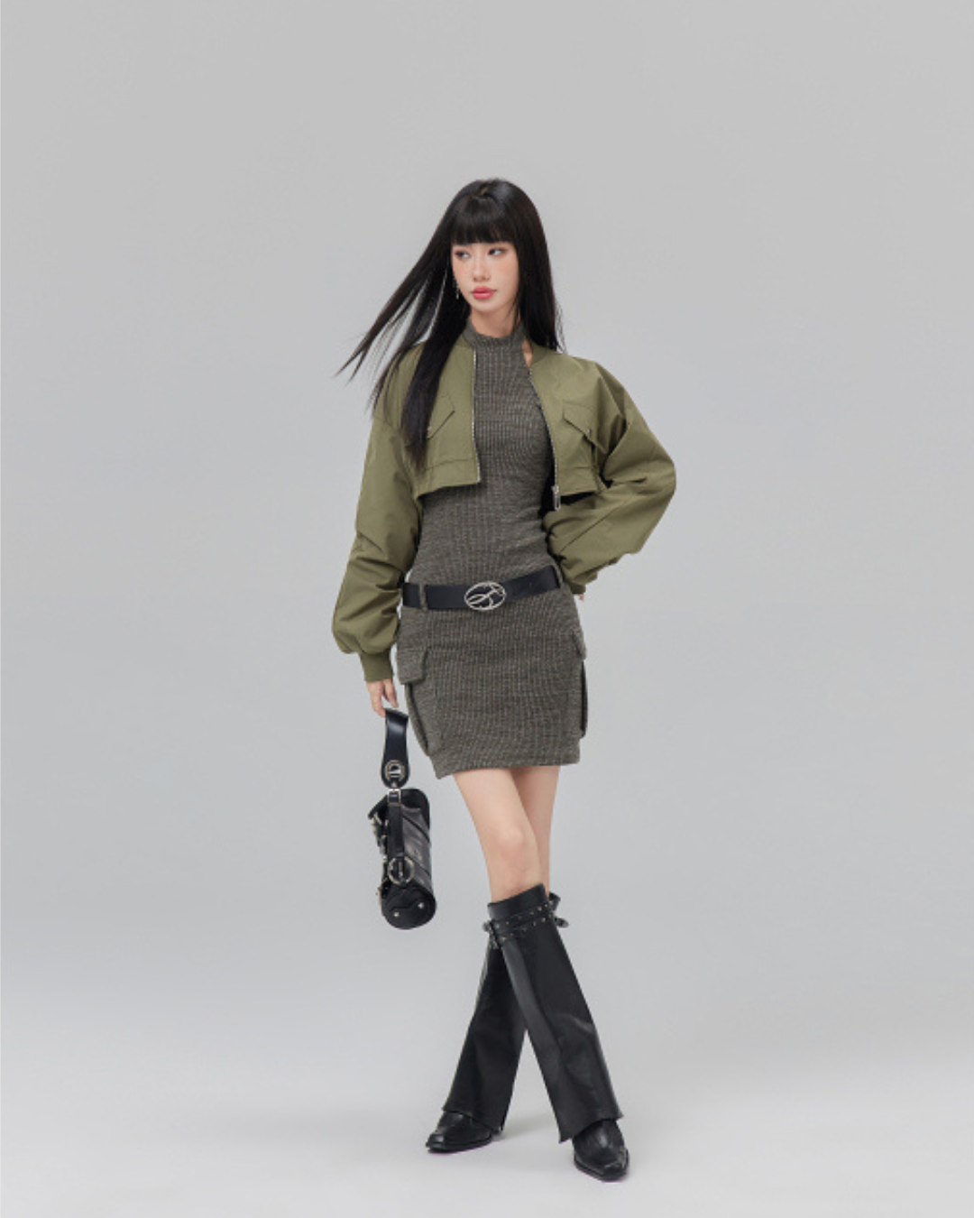 Crop Lightweight Blouson/Halter Neck Tight Knit Onepiece