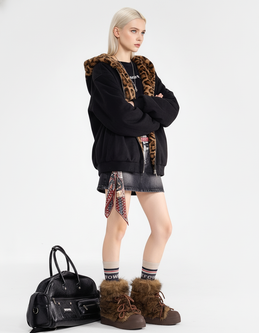 Leopard Lined Teddy Hoodie