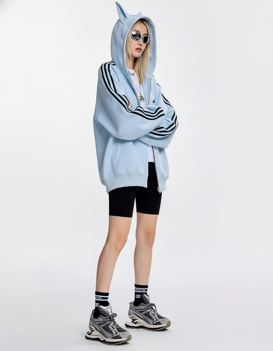 Cat Ear Line Track Zip Hoodie