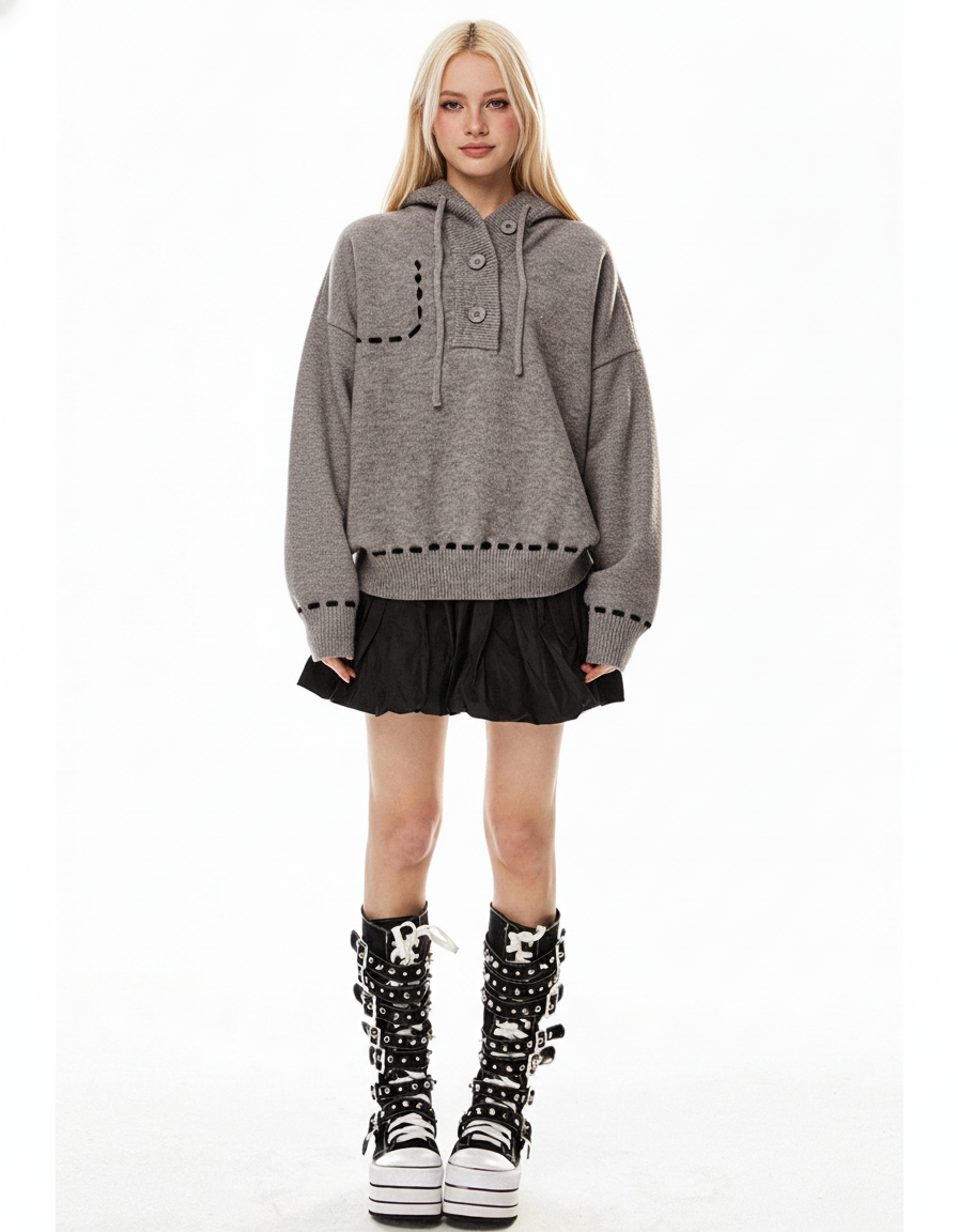 Stitch Detail Knit Hoodie