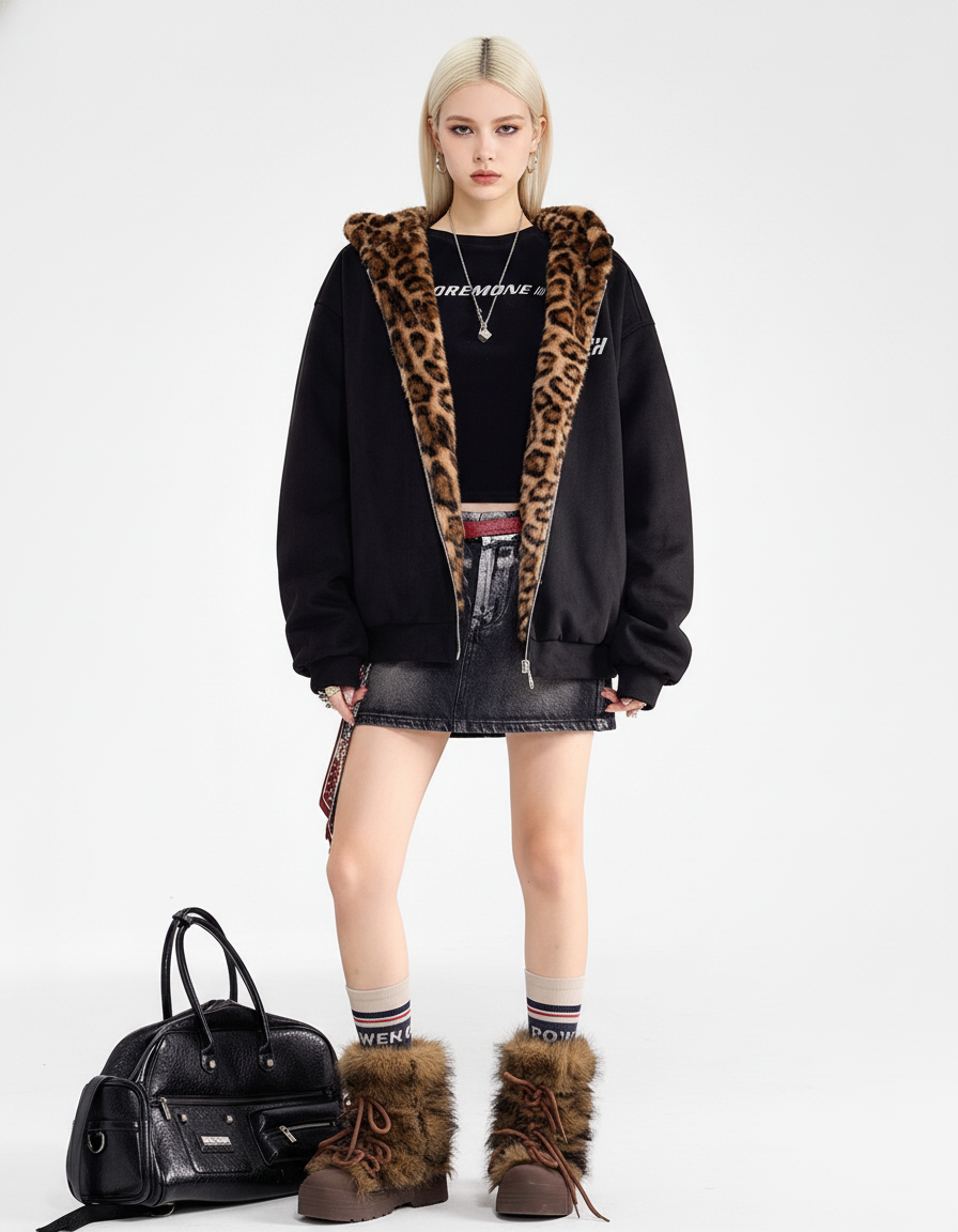 Leopard Lined Teddy Hoodie