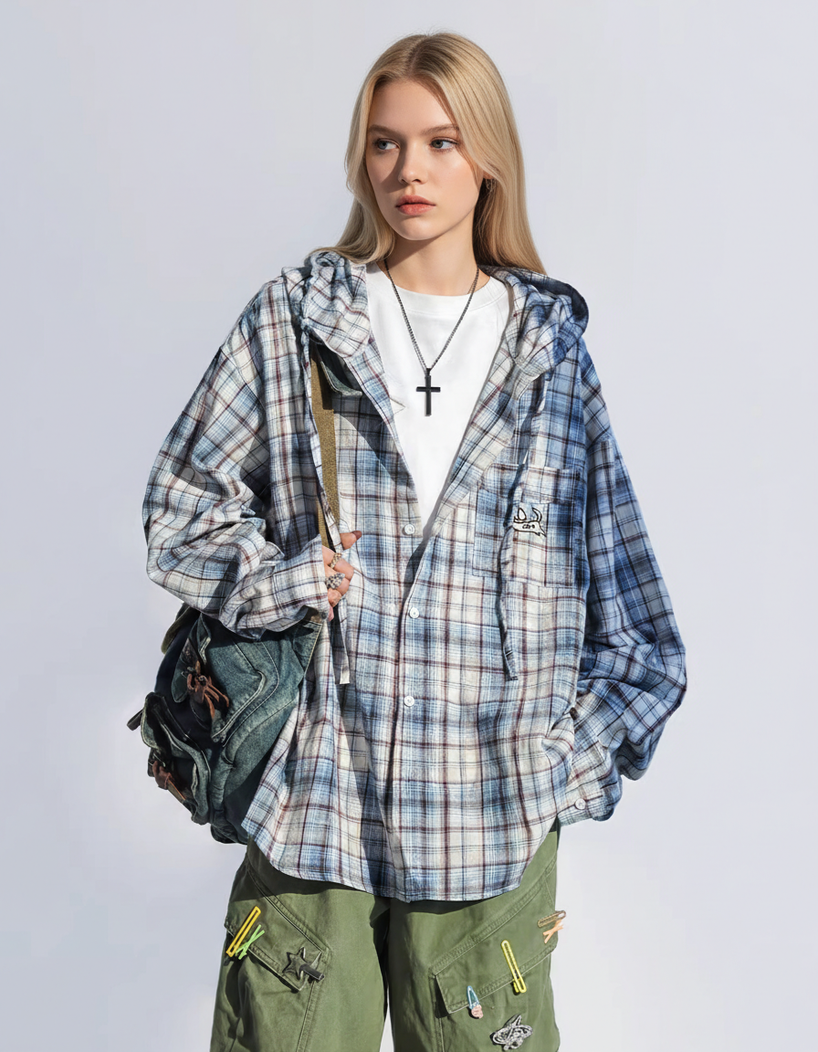 Shadow Check Hooded Over Shirt