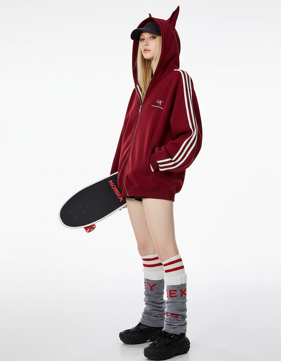 Cat Ear Line Track Zip Hoodie