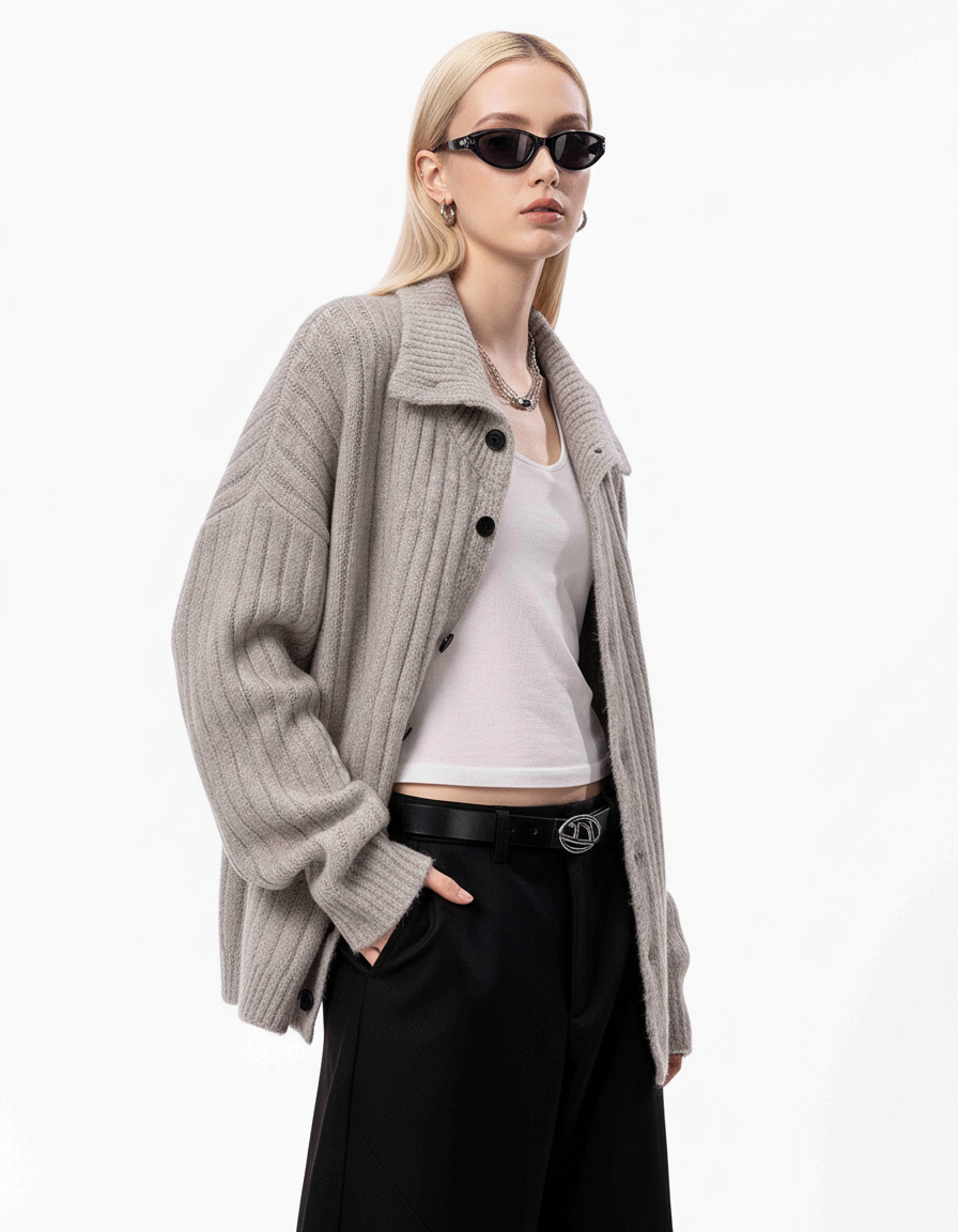 Rib Knit Collared Cardigan