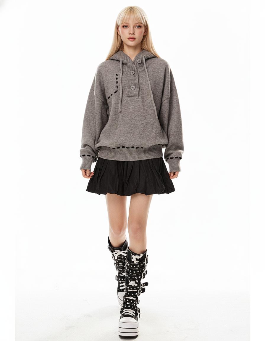 Stitch Detail Knit Hoodie