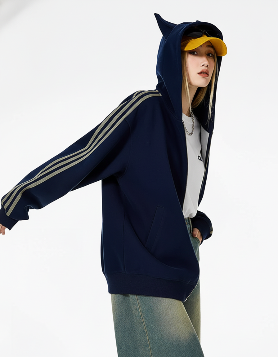Cat Ear Line Track Zip Hoodie