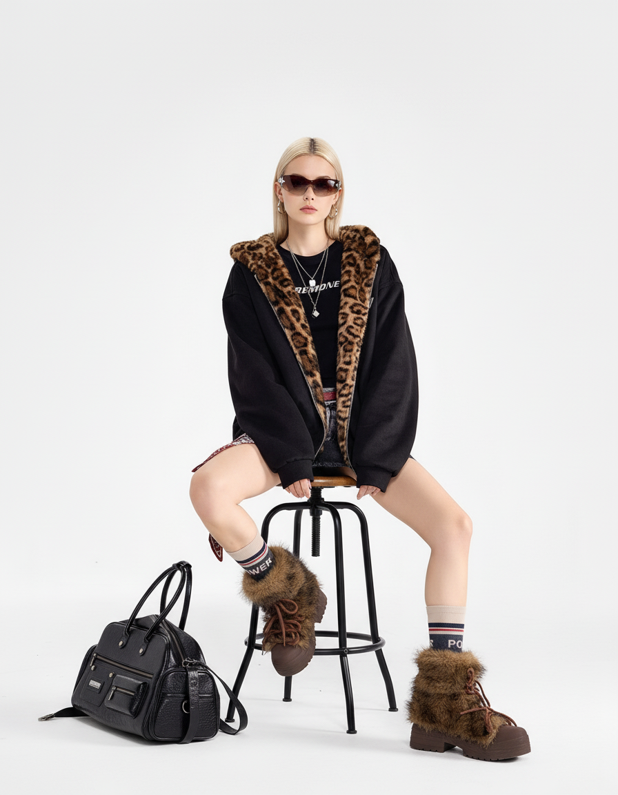 Leopard Lined Teddy Hoodie